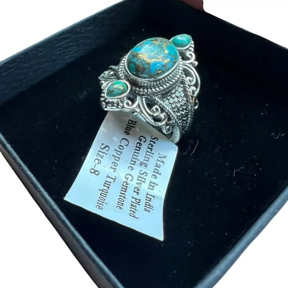 Vintage Blue Copper Turquoise Statement Ring – Size 8 - Sterling Silver Plated